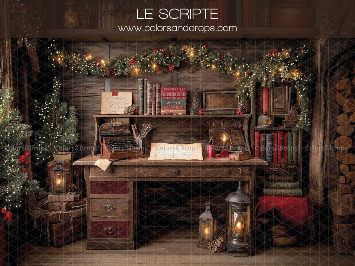Fond photo de Noël Le Scripte – bureau en bois avec machine à écrire et lanternes | Colors&Drops