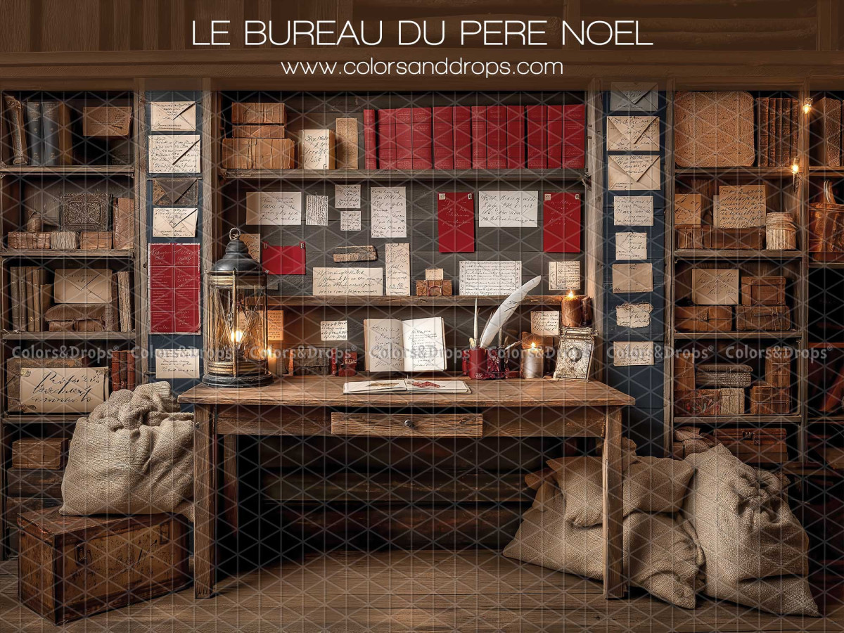Photo backdrop Le Bureau du Pere Noel – Santa's desk with letter pigeonholes | Colors&Drops