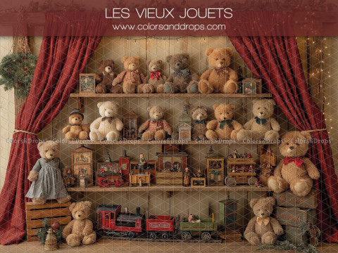 Fond photo de Noël Les Vieux Jouets – étagères de vieux jouets et ours avec rideaux rouges | Colors&Drops