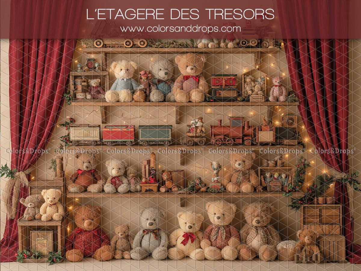 Fondo fotográfico de Navidad L'Etagere des Tresors – estantería de osos de peluche con cortinas rojas | Colors&Drops
