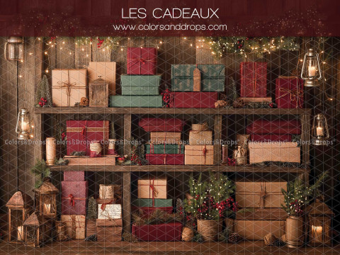 Fond photo de Noël Les Cadeaux – étagères en bois remplies de cadeaux emballés | Colors&Drops