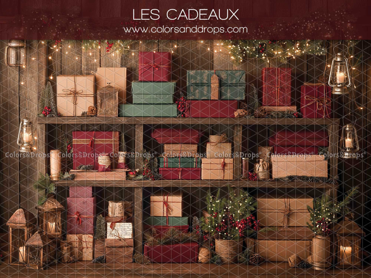 Fond photo de Noël Les Cadeaux – étagères en bois remplies de cadeaux emballés | Colors&Drops