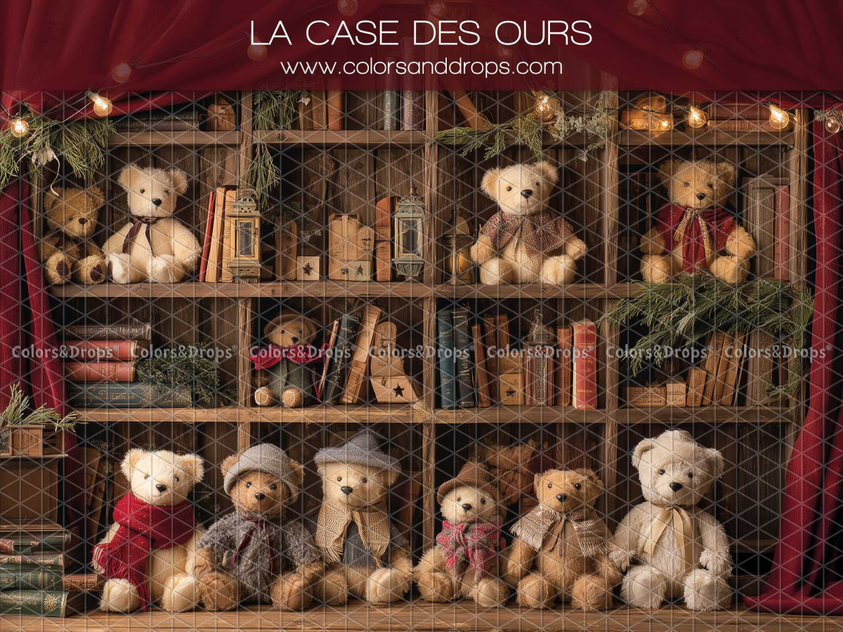Christmas photo backdrop La Case des Ours – wooden bookcase full of teddy bears | Colors&Drops