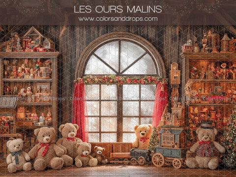 Fondo fotográfico de Navidad Les Ours Malins – taller de juguetes con osos y ventana arqueada | Colors&Drops