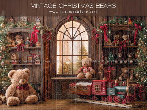 Fond photo Vintage Christmas Bears – ours en peluche vintage et train de Noël | Colors&Drops
