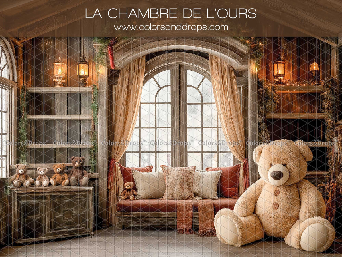 Fondo fotográfico de Navidad La Chambre de L'Ours – dormitorio con oso gigante y ventana arqueada | Colors&Drops
