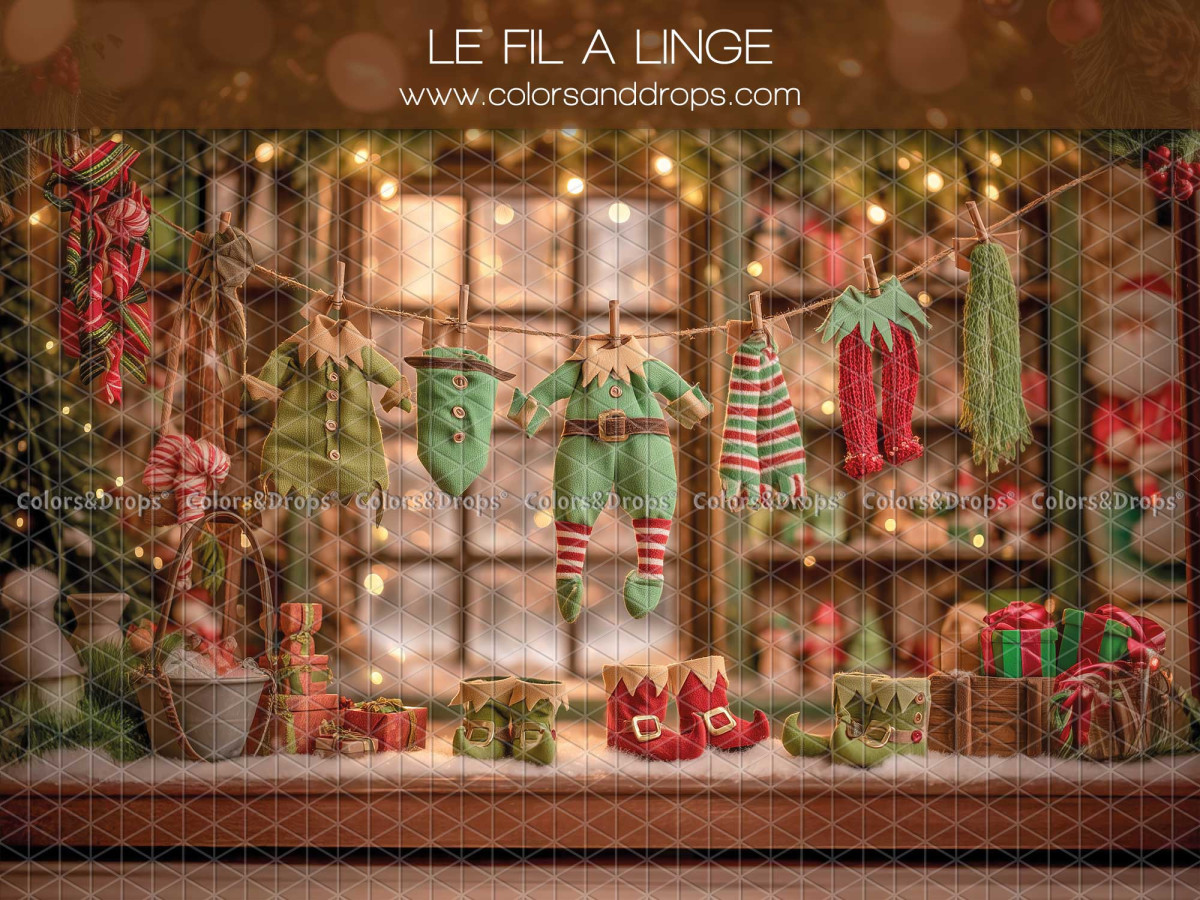Christmas photo backdrop Le Fil a Linge – clothesline with elf clothes | Colors&Drops