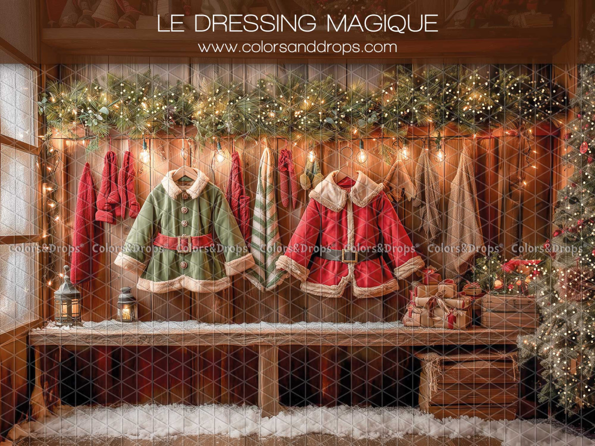 Fondo fotográfico de Navidad Le Dressing Magique – vestidor con abrigos de Papá Noel y duendes | Colors&Drops
