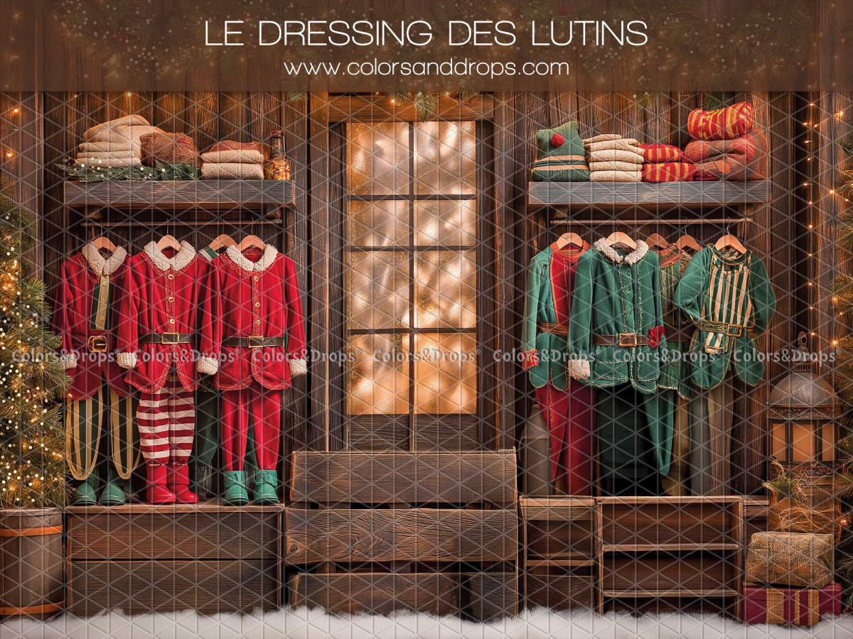 Christmas photo backdrop Le Dressing des Lutins – elves' wardrobe with red and green costumes | Colors&Drops