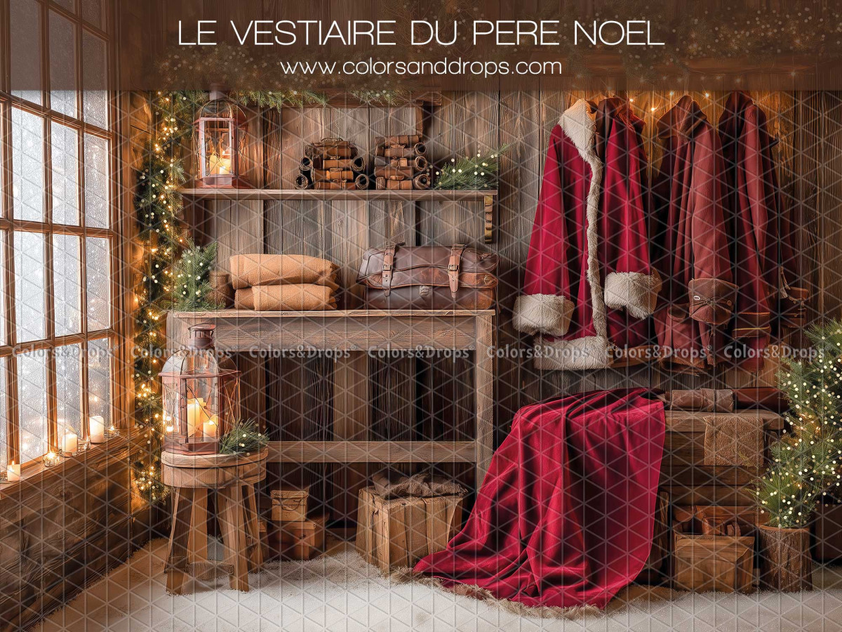 Fondo fotográfico Le Vestiaire du Pere Noel – guardarropa de Papá Noel con abrigo y farol | Colors&Drops