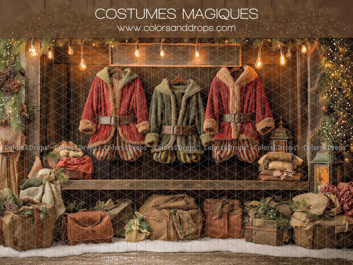 Fond photo de Noël Costumes Magiques – costumes de Père Noël suspendus avec guirlande | Colors&Drops