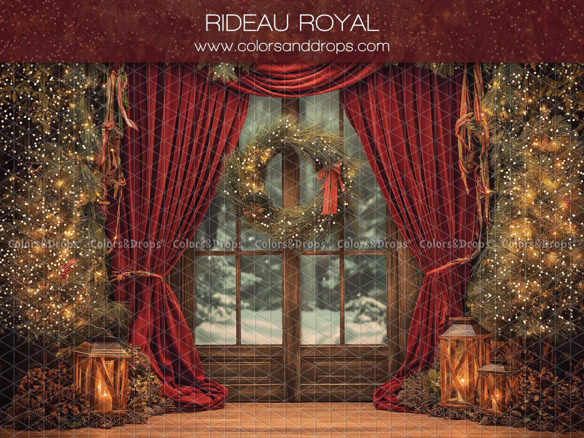 Fond photo de Noël Rideau Royal – rideau royal rouge avec fenêtre et couronne | Colors&Drops