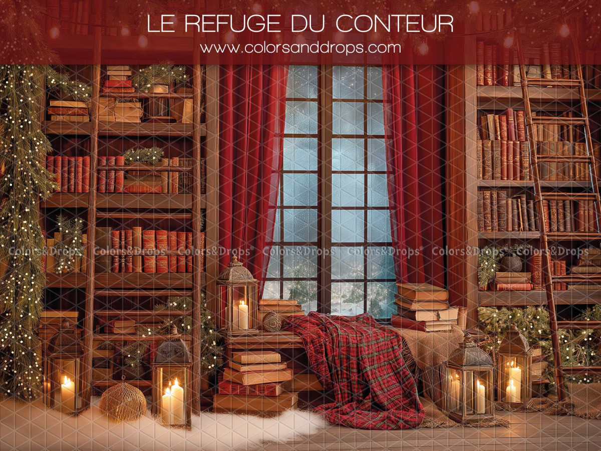 Fondo fotográfico de Navidad Le Refuge du Conteur – biblioteca con ventana y cortinas rojas | Colors&Drops