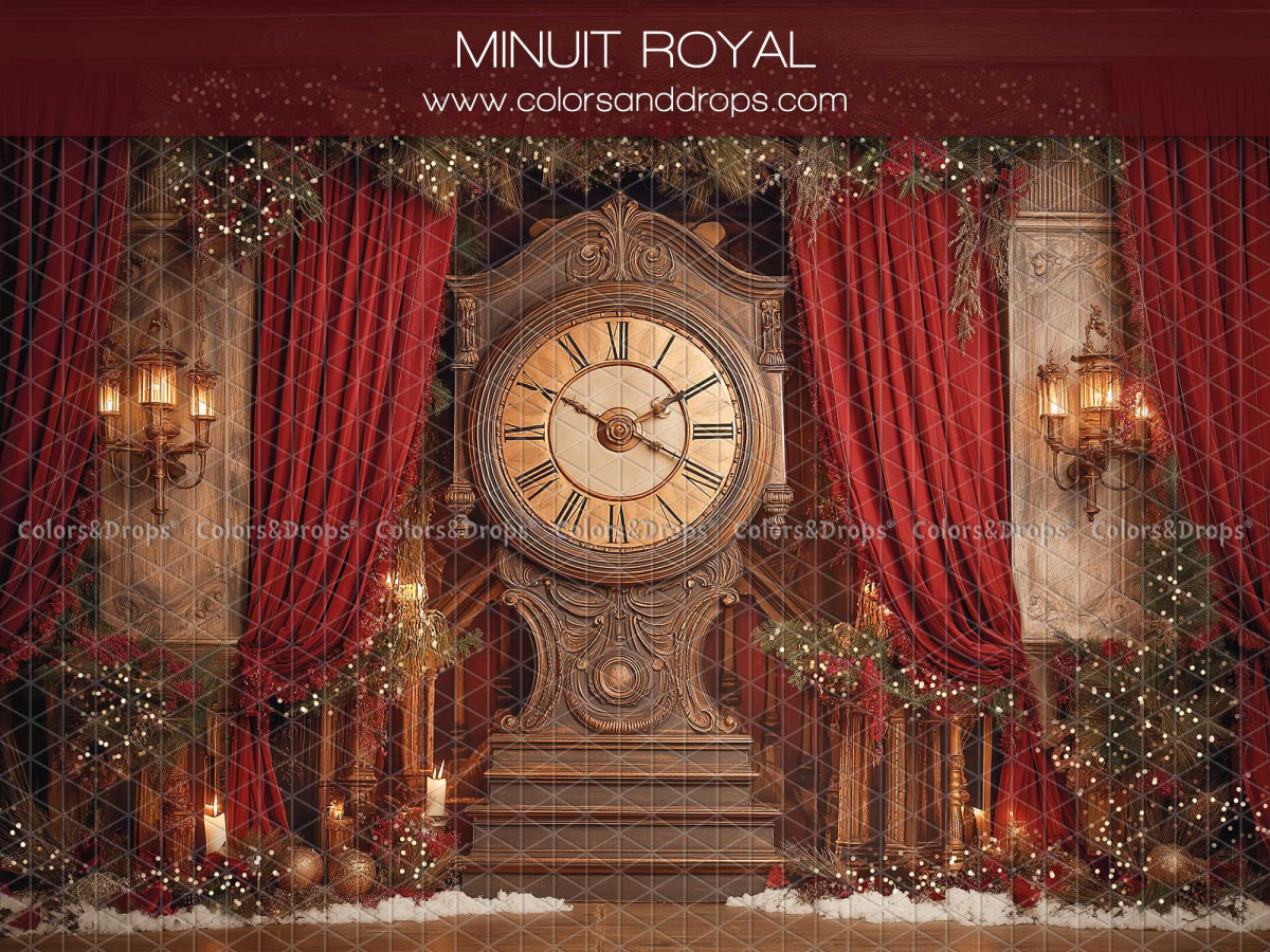 Fondo fotográfico de Navidad Minuitroyal – gran reloj con cortinas rojas y guirnaldas | Colors&Drops