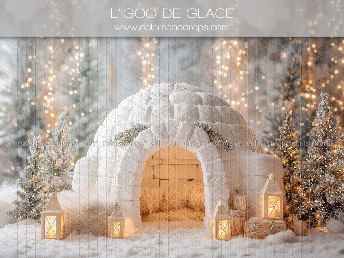 Fond photo de Noël L'Igoo de Glace – igloo de glace illuminé avec sapins enneigés | Colors&Drops