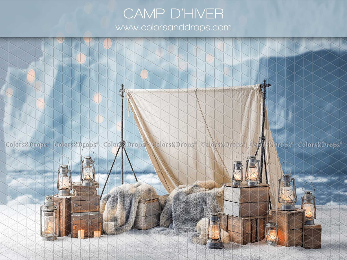 Fondo fotográfico de Navidad Camp D'Hiver – campamento de invierno con tienda y faroles sobre el hielo | Colors&Drops