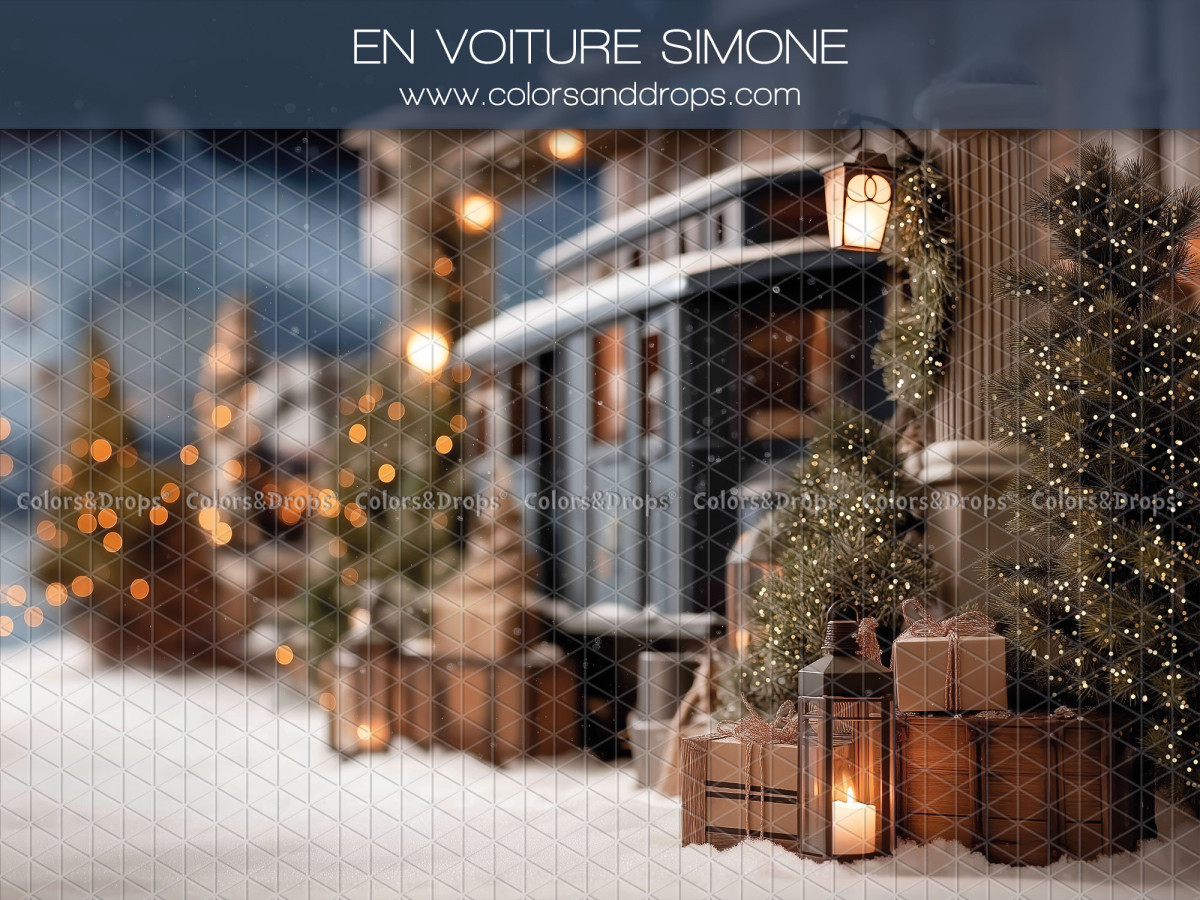 Fondo fotográfico de Navidad En Voiture Simone – vagón de tren vintage nevado con faroles | Colors&Drops