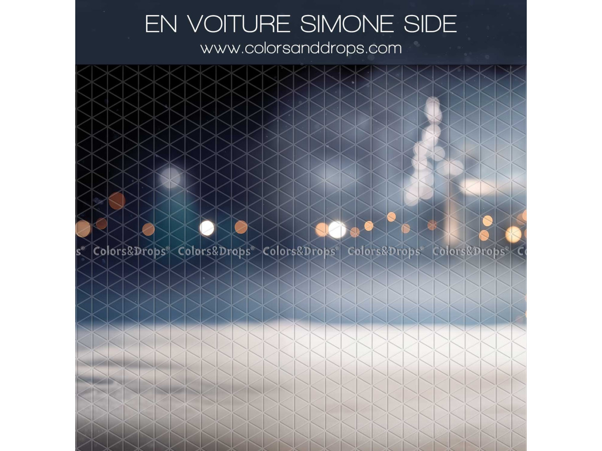 Christmas side photo backdrop En Voiture Simone Side – snowy night scene with blurred lights | Colors&Drops