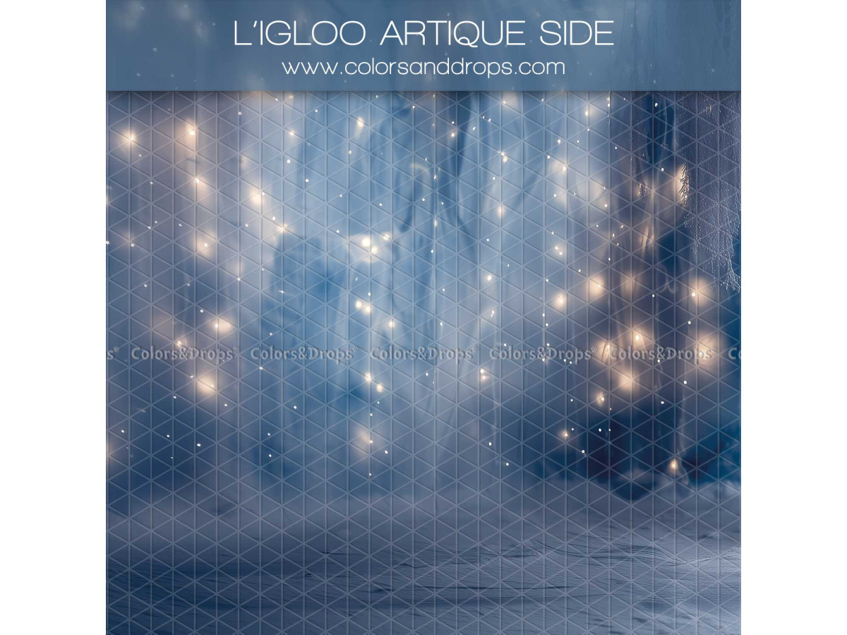Fond photo latéral de Noël L'Igloo Artique Side – paroi de glace bleue avec lumières scintillantes | Colors&Drops