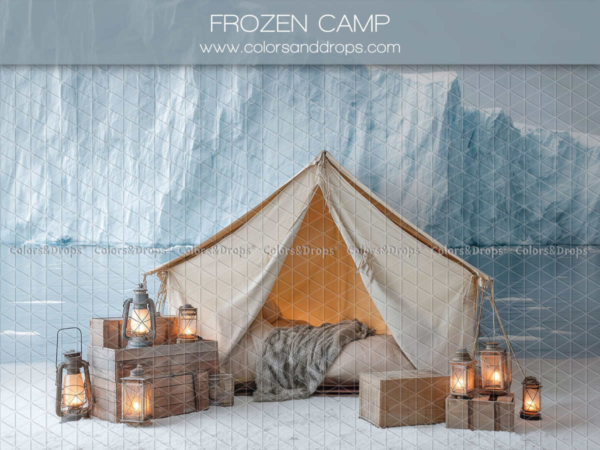 Christmas photo backdrop Frozen Camp – camping tent in front of a glacier | Colors&Drops