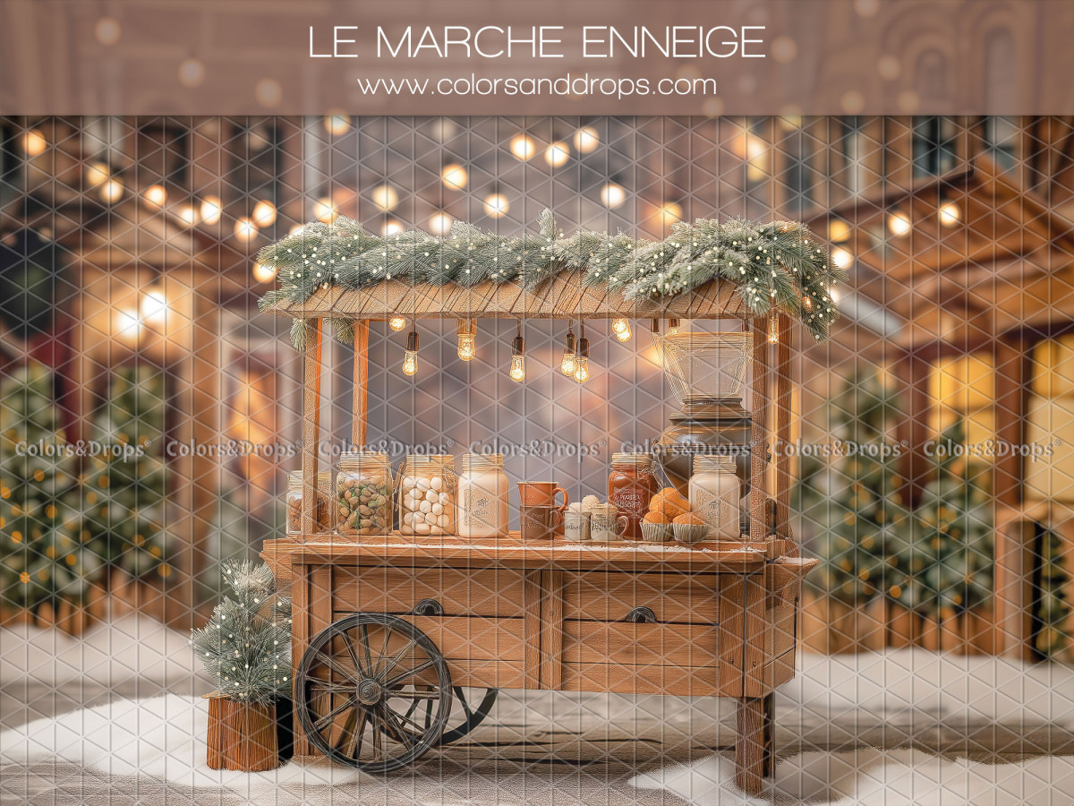 Fond photo de Noël Le Marche Enneige – marché enneigé avec charrette en bois | Colors&Drops
