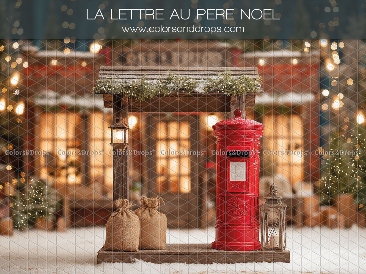 Photo backdrop La Lettre au Pere Noel – red Santa mailbox and sacks | Colors&Drops