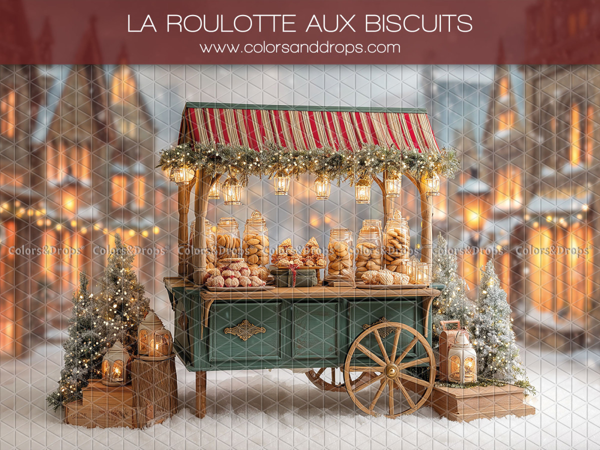 Fondo fotográfico de Navidad La Roulotte aux Biscuits – carreta verde de galletas en un pueblo nevado | Colors&Drops