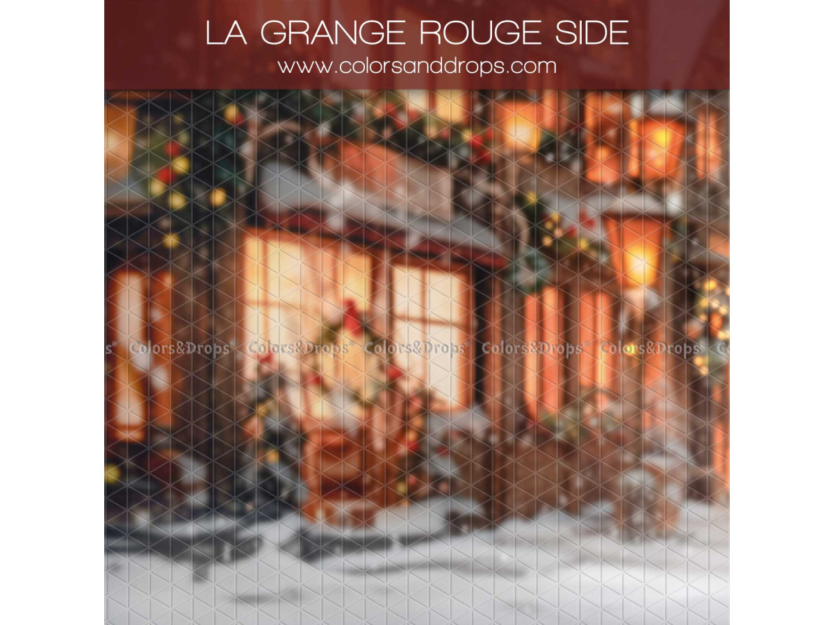 Christmas side photo backdrop La Roulotte aux Biscuits Side – blurred illuminated red barn façade | Colors&Drops