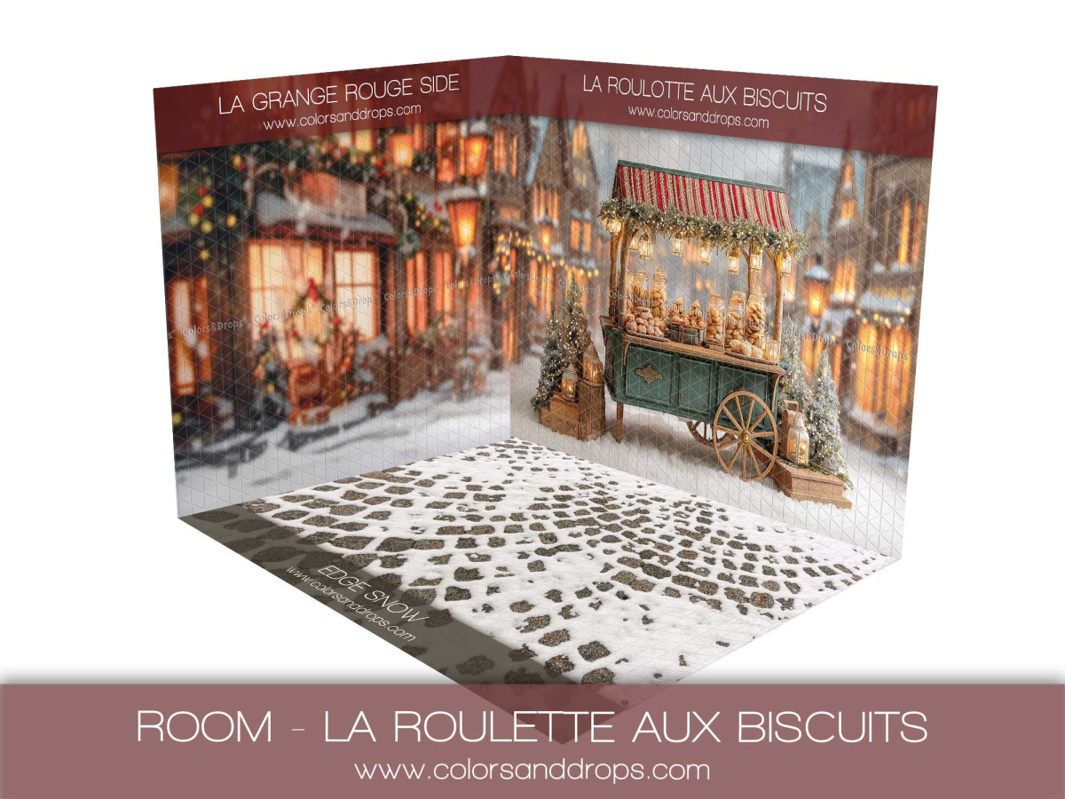 Fond photo d'angle de Noël La Roulotte aux Biscuit – charrette à biscuits et sol pavé | Colors&Drops