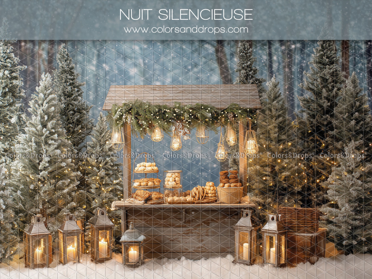 Fond photo de Noël Nuit Silencieuse – stand de pâtisseries en forêt enneigée de nuit | Colors&Drops