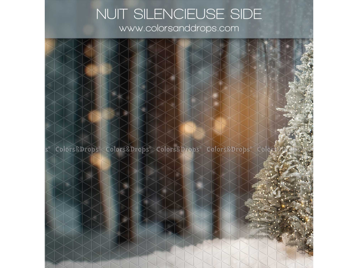 Christmas side photo backdrop Nuit Silencieuse Side – blurred snowy forest with fir tree and bokeh | Colors&Drops