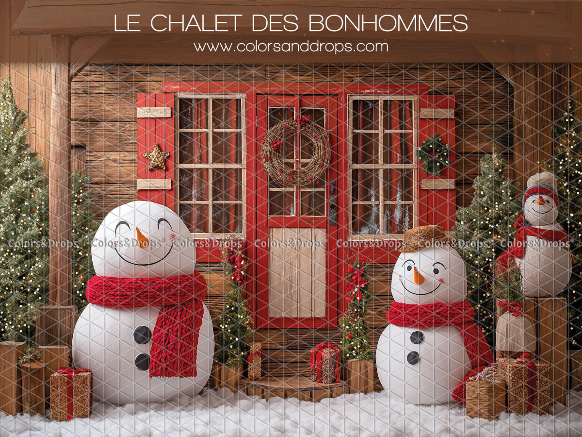 Christmas photo backdrop Le Chalet des Bonhommes – red chalet with snowmen and gifts | Colors&Drops