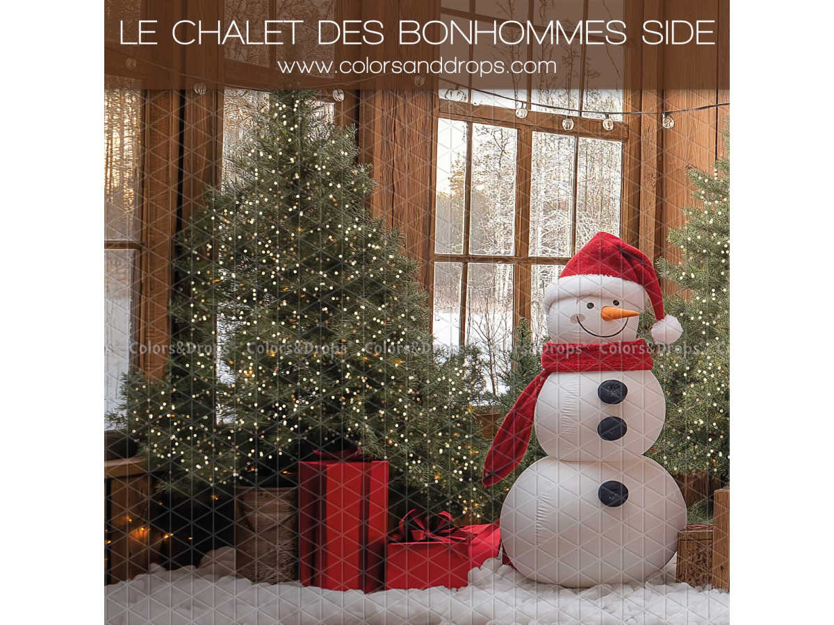 Fondo fotográfico lateral de Navidad Le Chalet des Bonhommes Side – muñeco de nieve y abeto frente a ventanas | Colors&Drops