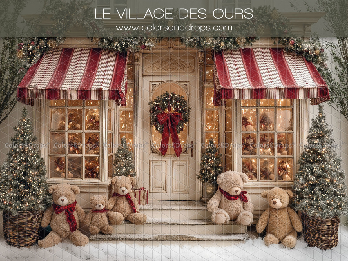 Fondo fotográfico de Navidad Le Village des Ours – tienda con toldos a rayas y osos de peluche | Colors&Drops