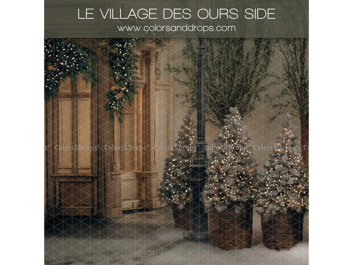 Fond photo latéral de Noël Le Village des Ours Side – façade de boutique avec petits sapins en paniers | Colors&Drops