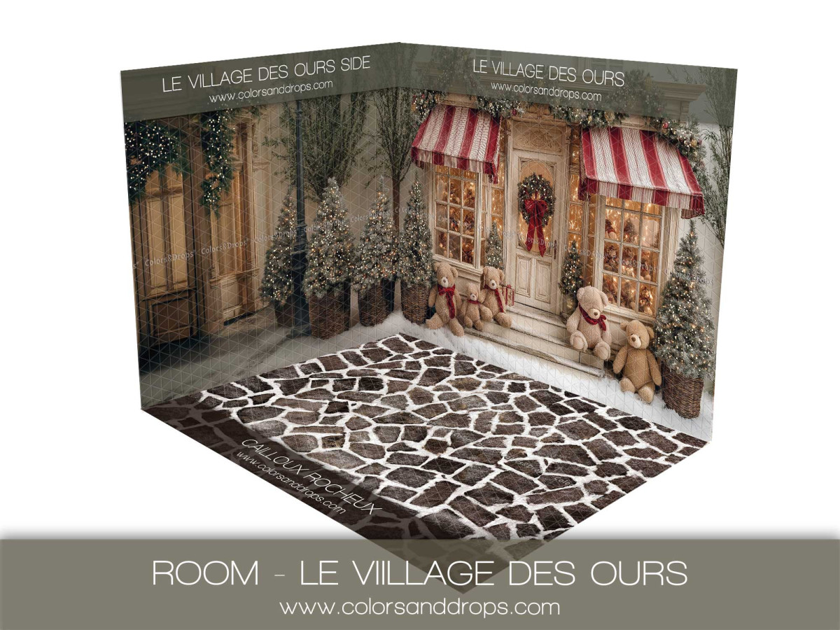 Fond photo d'angle de Noël Le Village des Ours – village des ours et sol pavé | Colors&Drops