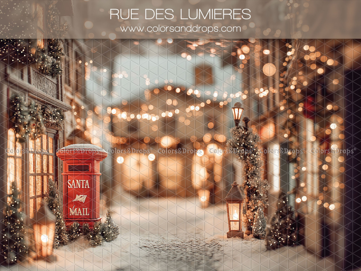 Christmas photo backdrop Rue des Lumieres – lit-up street with Santa's mailbox | Colors&Drops