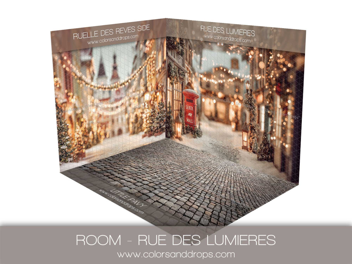 Fond photo d'angle de Noël Rue des Lumieres – rue illuminée et sol pavé | Colors&Drops