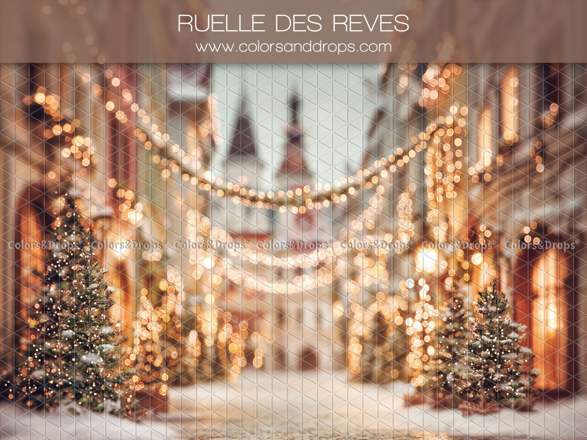Fondo fotográfico de Navidad Ruelle des Reves – callejuela navideña con guirnaldas de luces y abetos | Colors&Drops