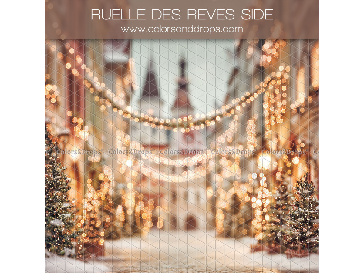 Fond photo latéral de Noël Ruelle des Reves Side – ruelle de Noël avec guirlandes lumineuses et sapins | Colors&Drops