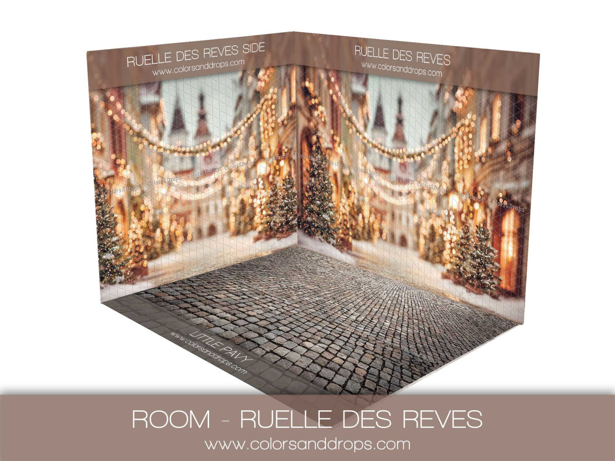 Christmas corner photo backdrop Ruelle des Reves – lit alley and cobbled floor | Colors&Drops