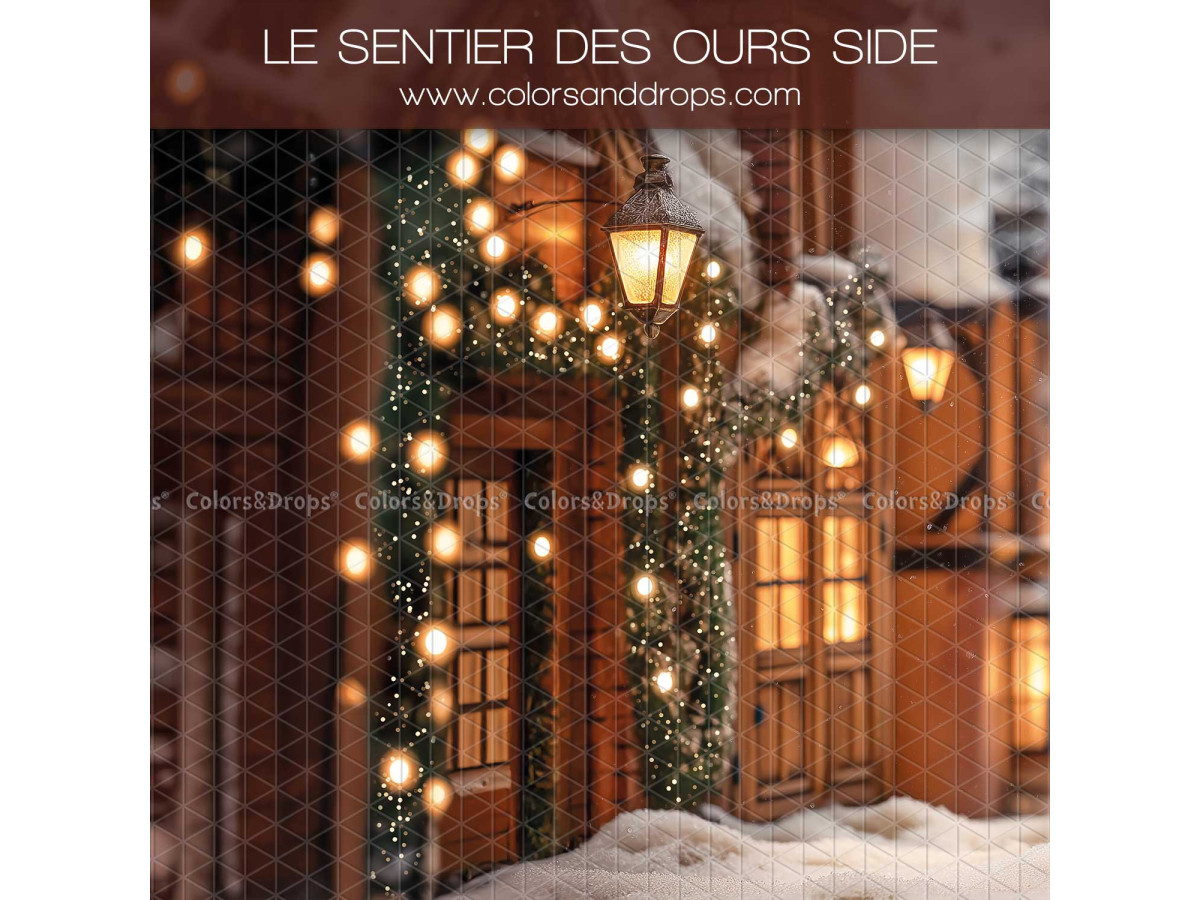 Fondo fotográfico lateral de Navidad Le Sentier des Ours Side – fachada de tienda con guirnaldas y faroles | Colors&Drops