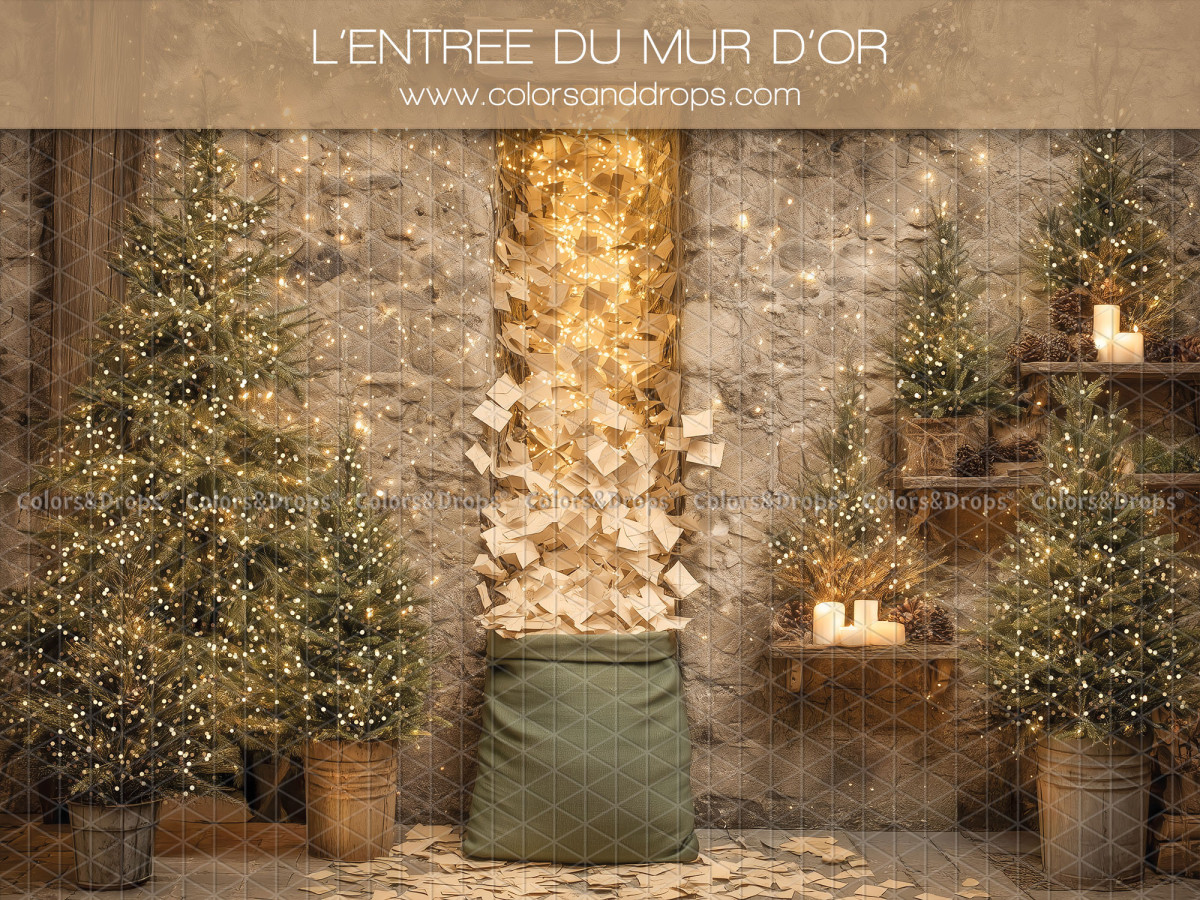 Christmas photo backdrop L'Entree du Mur D'or – stone wall with letters and lit fir trees | Colors&Drops