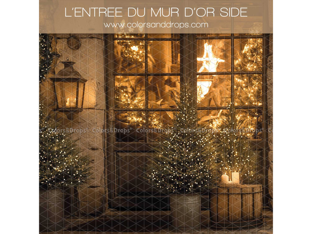 Fondo fotográfico lateral de Navidad L'Entree du Mur D'or Side – ventana iluminada con farol y abeto | Colors&Drops