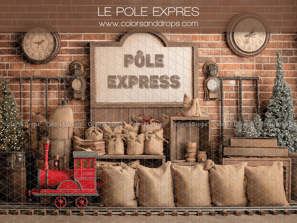 Fondo fotográfico de Navidad Le Pole Express – pared de ladrillo con tren y sacas de correo | Colors&Drops