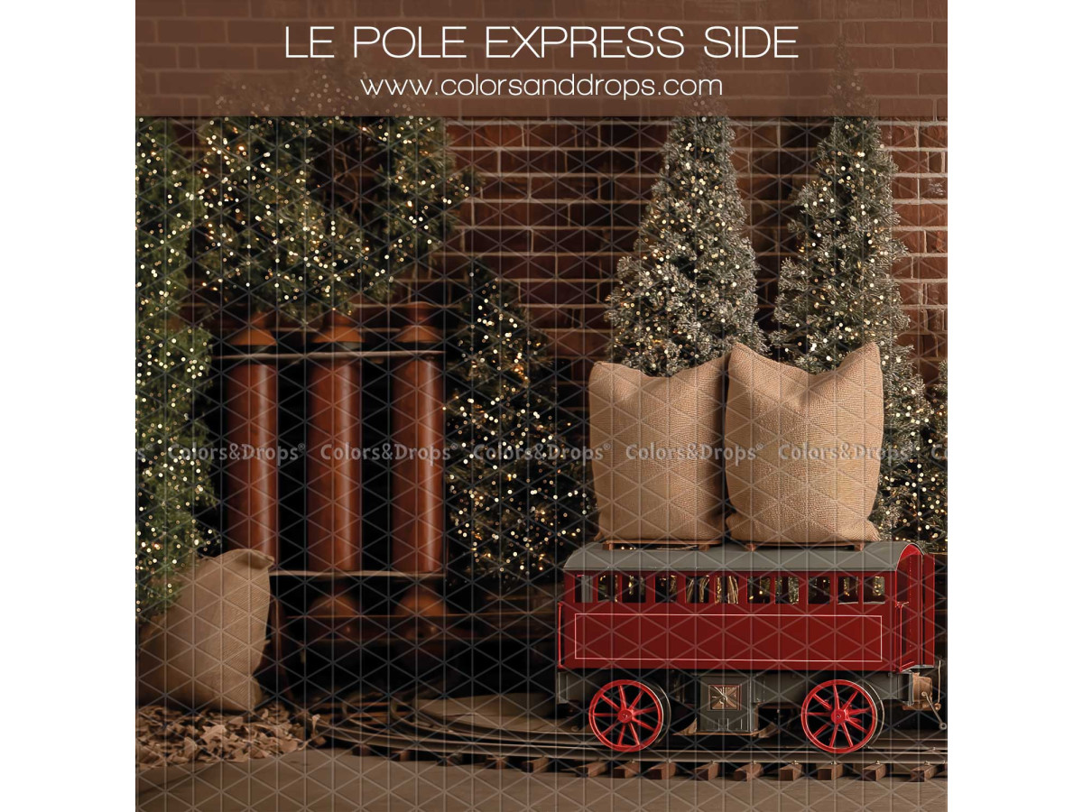 Fond photo latéral de Noël Le Pole Express Side – mur en brique avec wagon rouge et sacs | Colors&Drops