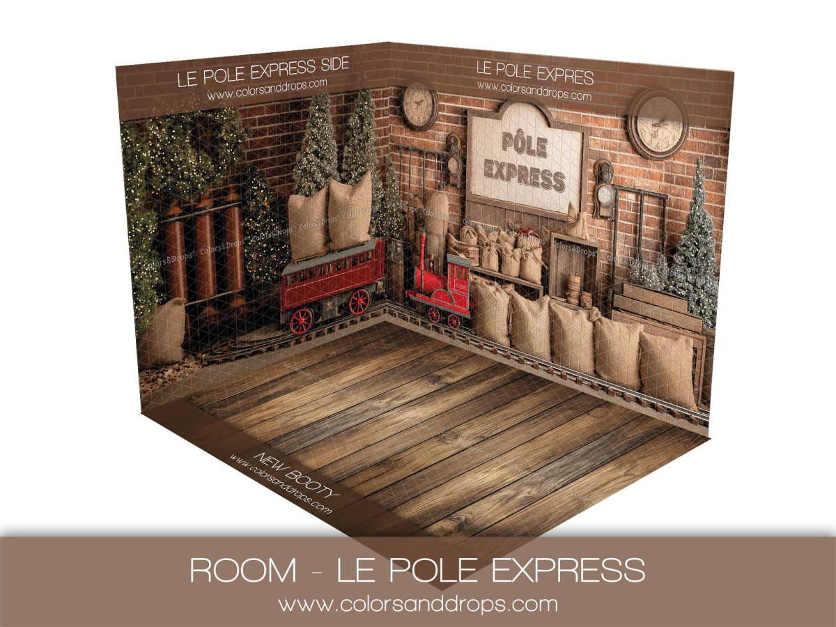 Fond photo d'angle de Noël Room_lepoleexpress – mur en brique et train | Colors&Drops