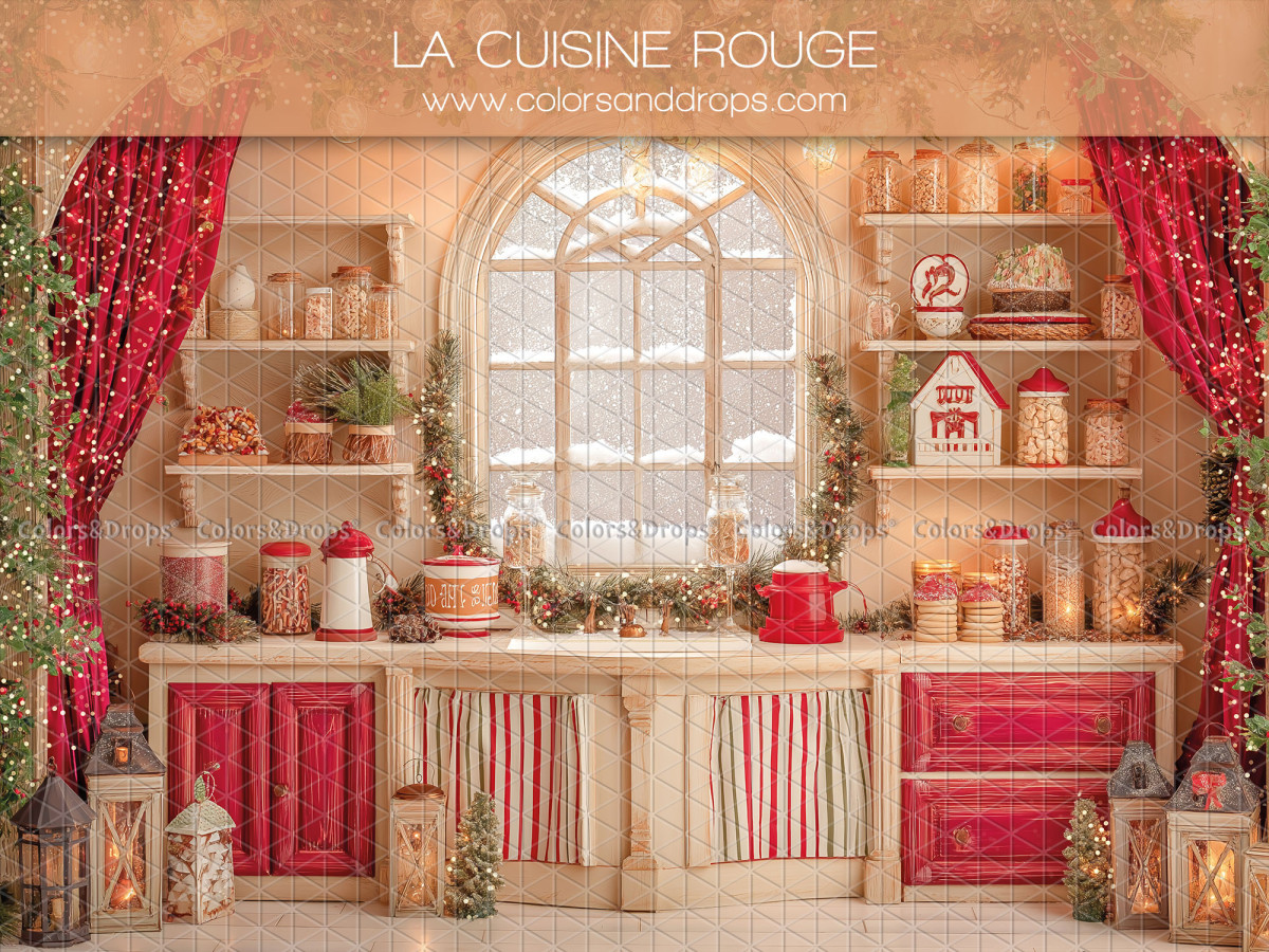 Fondo fotográfico de Navidad La Cuisine Rouge – cocina roja con ventana arqueada y cortinas | Colors&Drops