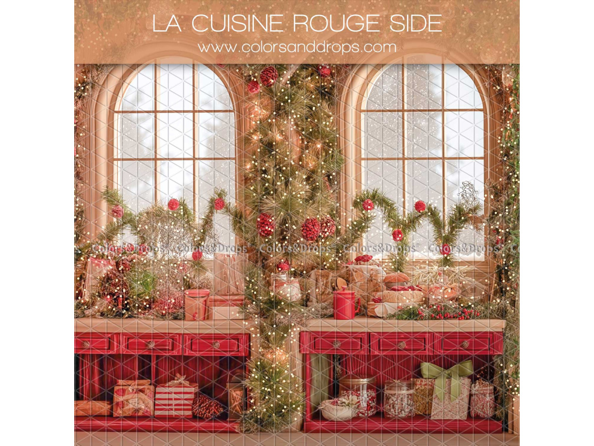 Fondo fotográfico lateral de Navidad La Cuisine Rouge Side – cocina roja con ventanas arqueadas y guirnaldas | Colors&Drops