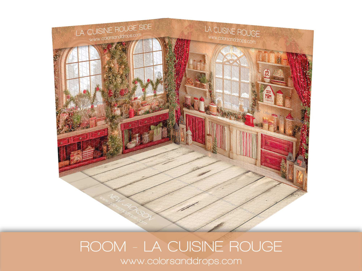 Fond photo d'angle de Noël La Cuisine Rouge – cuisine rouge et parquet blanc | Colors&Drops